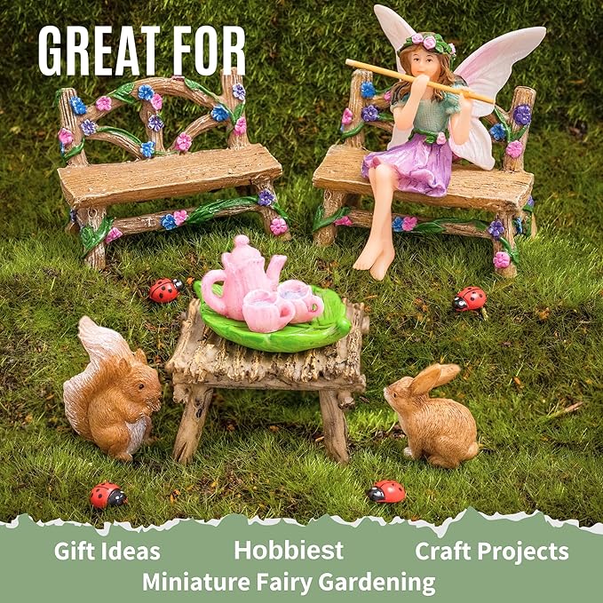 PRETMANNS Fairy Starter Kit with Accessories for Indoor Outdoor Miniature Garden – Adorable Figurine with Furniture, Squirrel, Bunny & Tea Set – 14 Piece Hand-Painted Resin Set