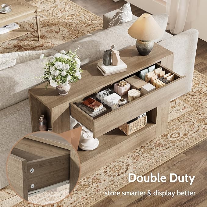 Farmhouse Console Table with Drawer, 47'' Wood Entryway Table with Storage Shelves, Narrow Sofa Table Behind Couch for Living Room, Hallway, Foyer (Gray)