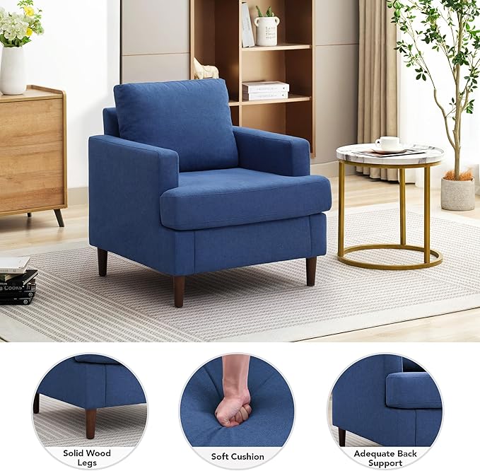 Mid-Century Accent Chair,Modern Linen Fabric Armchair for Living Room,Comfy Upholstered Reading Accent Chairs for Bedroom,Single Sofa Chair with Wood Legs (Blue, 1 Pack)