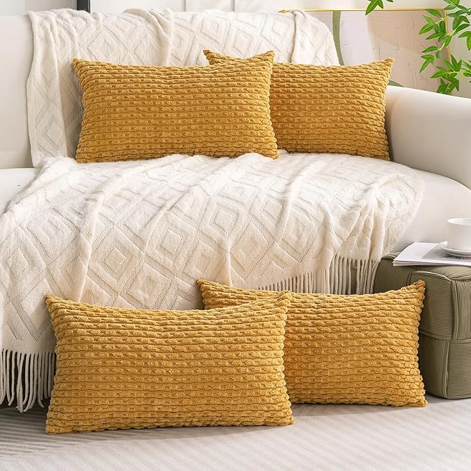 Set of 4 Mustard Yellow Decorative Throw Pillow Covers 12x20 Inch Corduroy Pillow Covers for Bed Couch Sofa Living Room Soft Cushion Cases