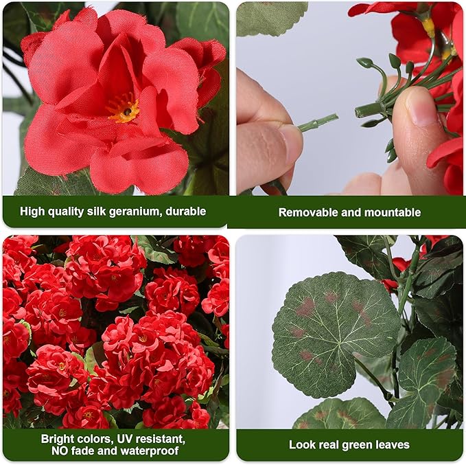 Artificial Geraniums Fake Flowers for Outdoors Decoration, 6 Bundles Silk Geraniums Red Flower UV Resistant Look Real Faux Plants for Front Door Garden Porch Planter Patio Balcony Yard Indoor Home