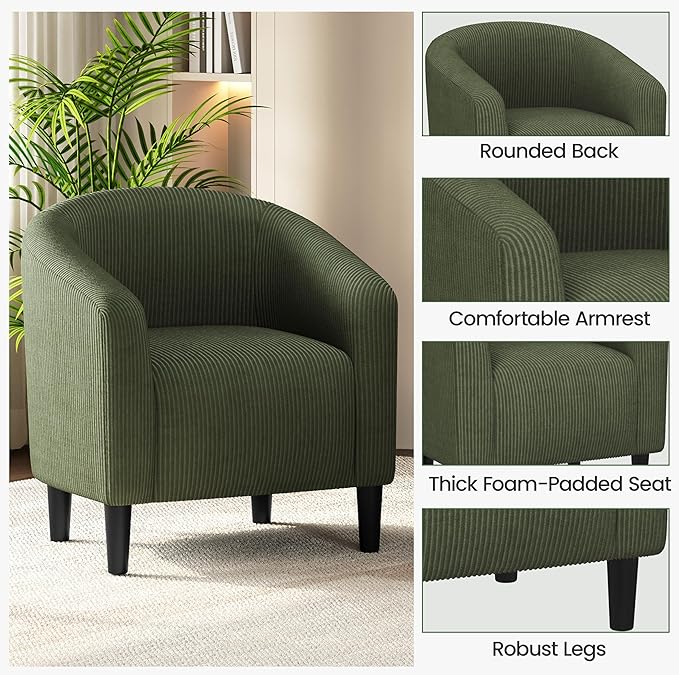 Yaheetech Accent Barrel Chair, Corduroy Fabric Club Chair, Furry Sherpa Elegant Armchair with Cozy Soft Padded, Suitable for Living Room Bedroom Reception Room Office, Dark Green