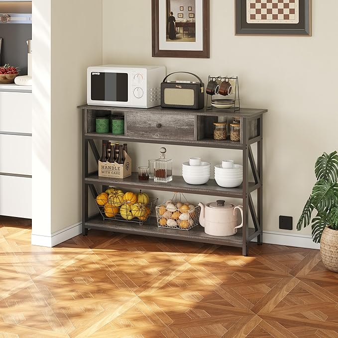 Mexin 39 Inch Console Sofa Table with Drawer, Entryway Table with Storage Shelves, Industrial Wood Hallway Table for Living Room, Couch, Foyer, Kitchen Counter, Grey Oak