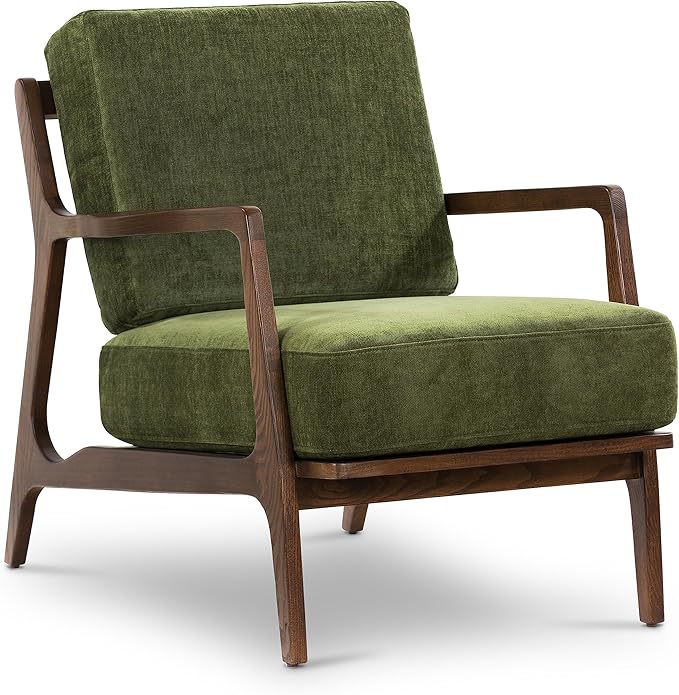 POLY & BARK Verity Fabric Accent Chair – Fabric Armchair with Walnut Wood Frame – Fashion-Forward Lounge Seating for Living Room – Upholstered in Distressed Green Velvet for Modern Style