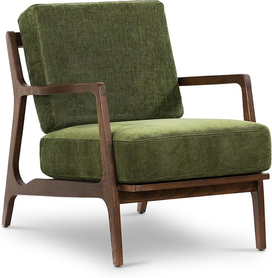 POLY & BARK Verity Fabric Accent Chair – Fabric Armchair with Walnut Wood Frame – Fashion-Forward Lounge Seating for Living Room – Upholstered in Distressed Green Velvet for Modern Style