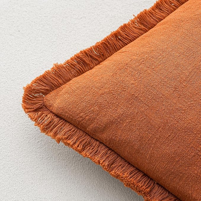 MIULEE Decorative Throw Pillow Covers Neutral Linen Fringe Throw Pillows Euro Shams Set of 2 Orange Boho Farmhouse Cushion Covers for Couch Sofa Bed Living Room Spring Home Decor 22x22 Inch