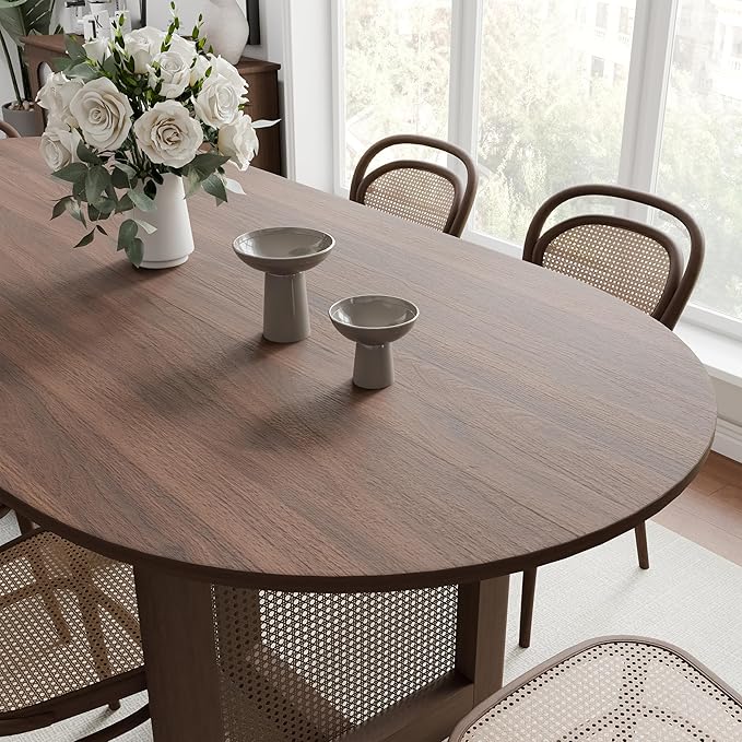 Casaphoria 67" Dining Table, Wicker Base Modern Kitchen Table for 4-6, Farmhouse Style with Oval Top & Wicker Base, Easy Assembly for Living Room, Kitchen, Walnut Wood