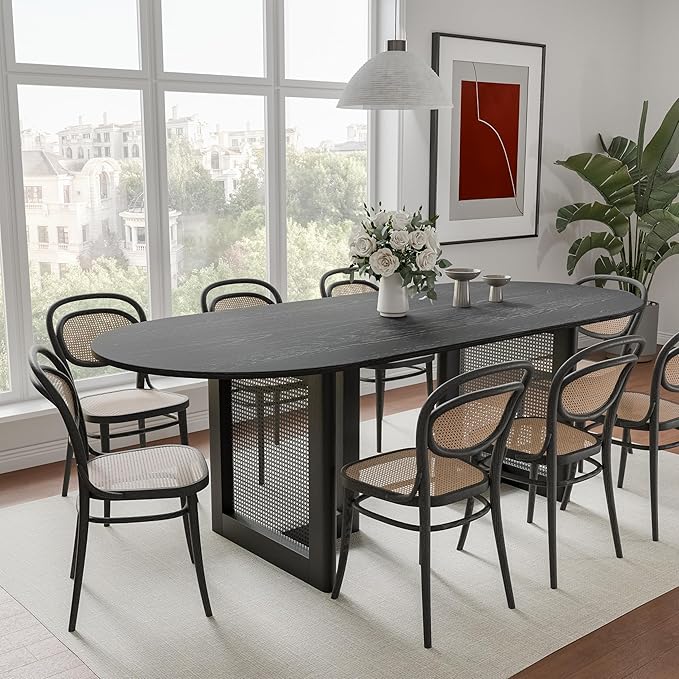 Casaphoria 79" Dining Table for 8, Wood Kitchen Table with Scratch-Resistant Top & Rattan Base, Modern Farmhouse Oval Dining Table for Living Room, Kitchen, Easy Assembly, Black (Chairs not Included)