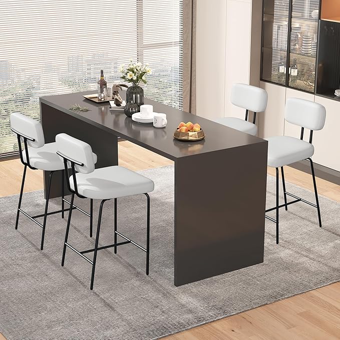 Counter Height Bar Stools Set of 2, 26" Faux Leather Kitchen Counter Stools with Backs, Metal Legs, Footrest, Bar Chairs for Kitchen Island, White