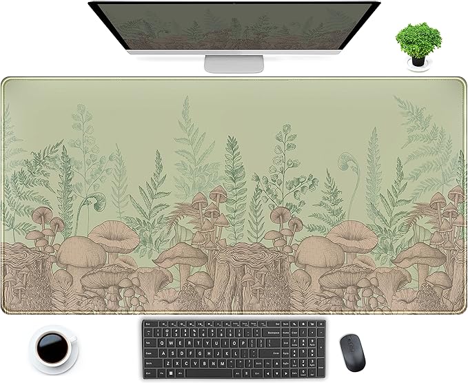 Cute Green Leaves Mouse Pad Desk Mat Beige Forest Mushroom XXL Large Extended Gaming Mousepad Desk Pad 31.5x15.75 in, Cool Keyboard Mouse Mat Desk Mats for Computer Laptop Women Desk Gamers Girl