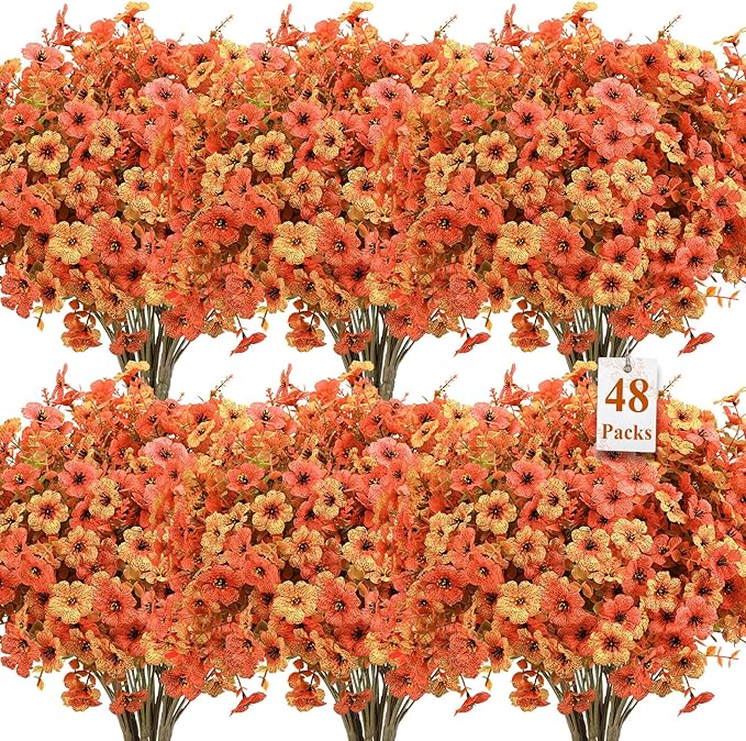 SHareconn 48 Bundles Artificial Fall Flowers for Outdoors Decoration, UV Resistant Silk Eucalyptus Lavender Faux Autumn Fake Plants for Outside Indoor Garden Yard Porch Home Decor, Autumn Orange-Red