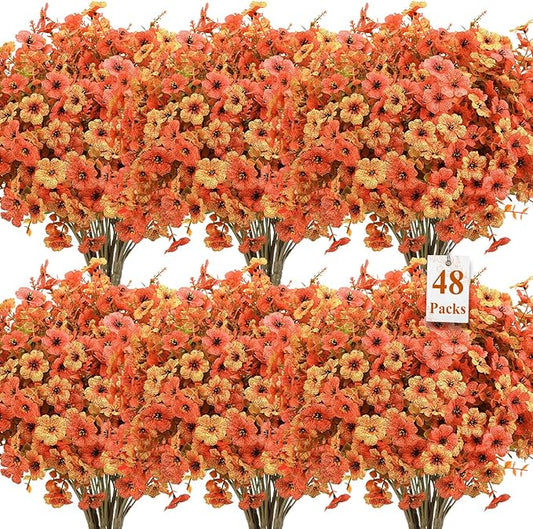 SHareconn 48 Bundles Artificial Fall Flowers for Outdoors Decoration, UV Resistant Silk Eucalyptus Lavender Faux Autumn Fake Plants for Outside Indoor Garden Yard Porch Home Decor, Autumn Orange-Red