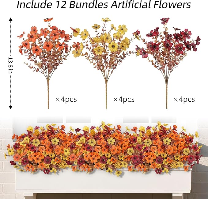 Ivydale Fall Flowers Artificial for Decoration Outdoors Fake Mums 12 Bundles Faux Planters UV Resistant Look Real for Autumn Home Porch Patio Garden Yard, 3 Colors Mixed