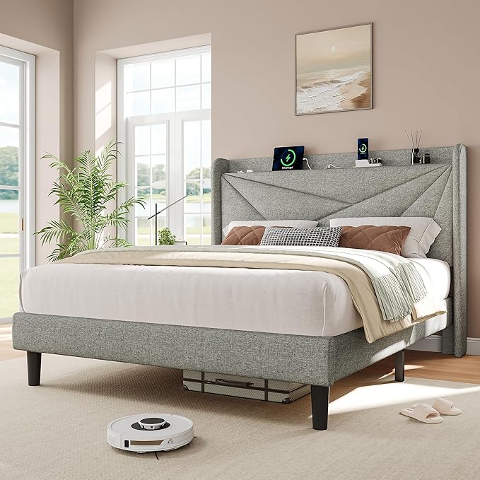iPormis Queen Size Bed Frame with Charging Station, Linen Platform Bed Frame with Wingback Headboard Upholstered Bedframe, Solid Wood Slats Support, No Box Spring Needed, Easy Assembly, Light Grey