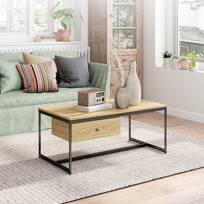 Manora Minimalist Coffee Table with Drawer, Modern Industrial Aesthetic Center Table for Living Room, Stylish Wood Modern Coffee Table with Storage, Light Brown