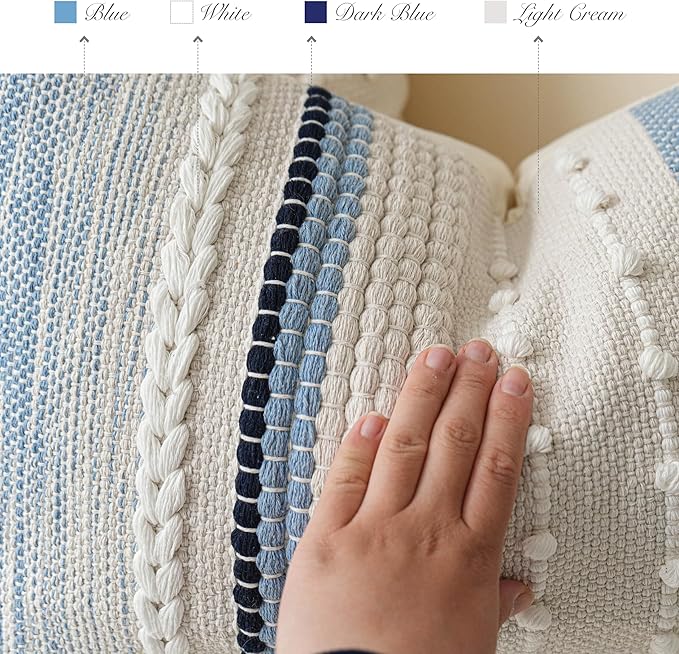 BlissBlush Decorative Lumbar Throw Pillow Cover 14x24 Boho Coastal Blue Accent Cushion for Couch Sofa Farmhouse Pillowcase for Bedroom Living Room Home Décor Cover ONLY