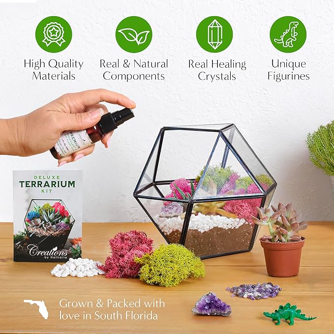 – DIY Large Terrarium Starter Kit with Soil, Moss, Pebbles, Healing Crystal, Tools & Supplies – Terrarium Kit for Adults & Kids, Handcrafted in USA