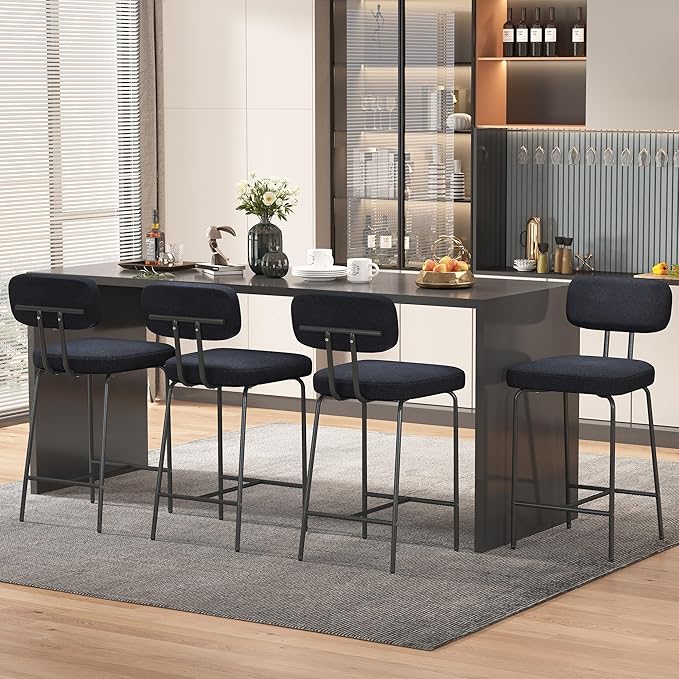 Counter Height Bar Stools Set of 3, 26" Black Fabric Kitchen Counter Stools with Backs, Metal Legs, Footrest and Wide Seat, Bar Chairs for Kitchen Island