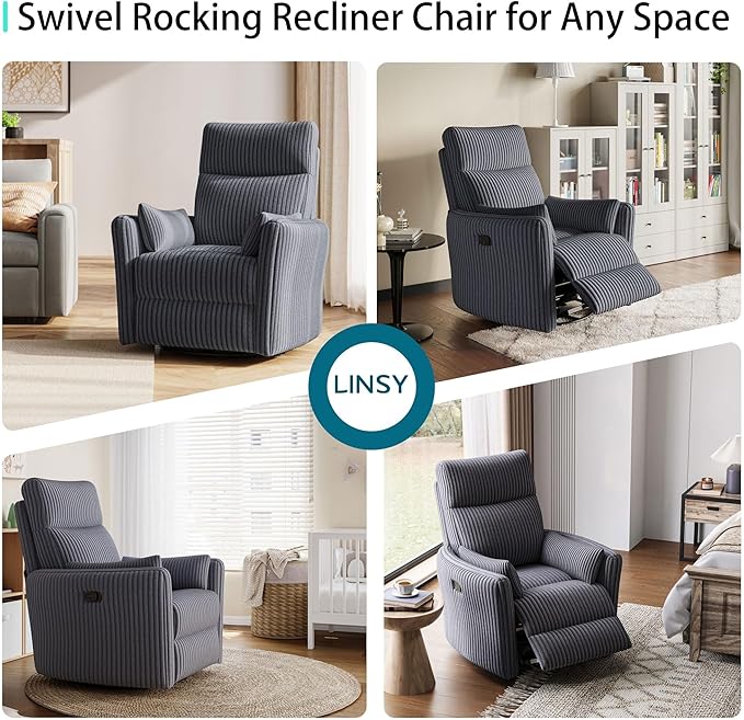 LINSY 360 Swivel Nursery Recliner - Corduroy Glider Rocking Chair with 2 Pillows, Comfy High Back Adult Recliner for Small Spaces, Nursery Bedroom Living Room Reclining Chairs, Grey