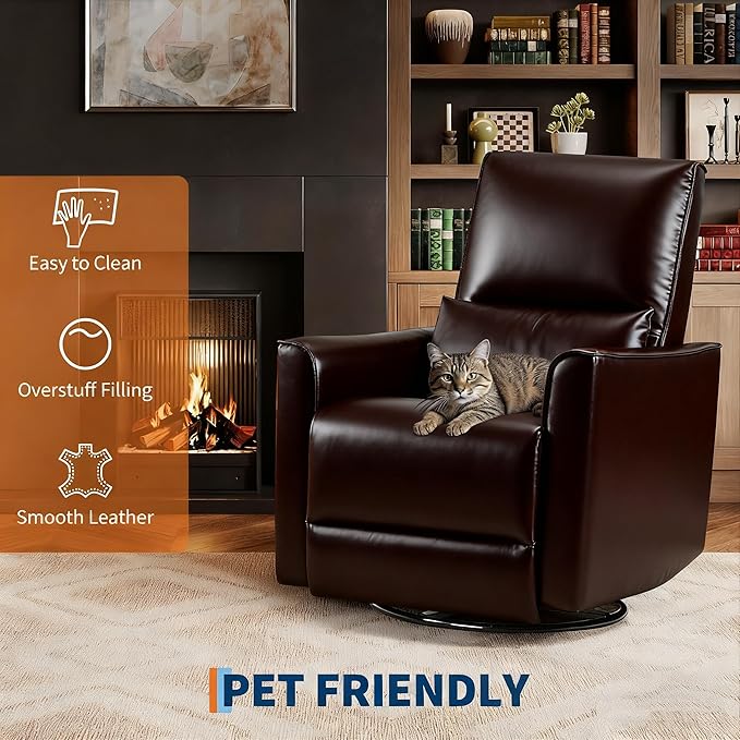 GarveeHome Recliner Chair, 360° Swivel Rocker Glider Nursery Chair with Padded Armrest and Deep Seat, PU Leather Upholstered Reclining Sofa Chair for Living Room, Bedroom and Nursery (Dark Brown)