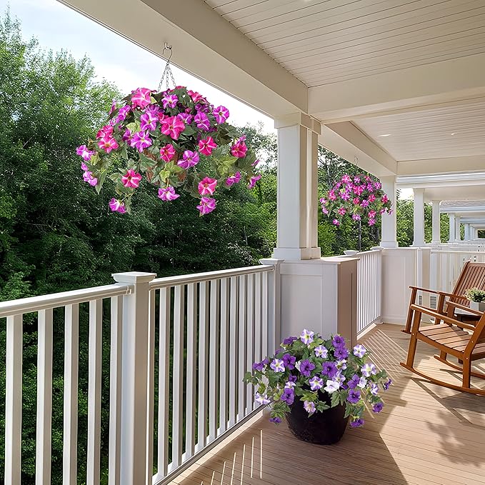 Artificial Hanging Fake Flowers with Basket Plants for Outdoor Decoration, Faux Silk Flower UV Resistant Morning Glory for Home Porch Patio Garden Balcony Yard Look Real (Red Lotus)