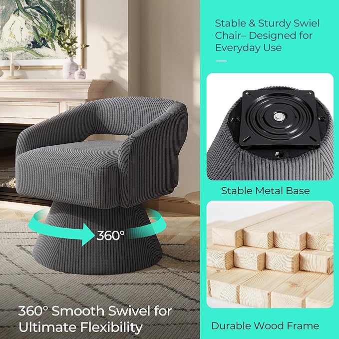 LINSY Swivel Accent Chair, Small Barrel Chair 360 Swivel Modern Armchair, Upholstered Reading Chair for Small Spaces Living Room, Vanity Chair for Bedroom, Grey