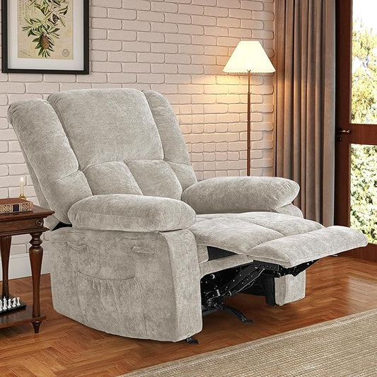 Velvet Rocker Recliner for Adults, Overstuffed Manual Recliner Chair with Spring Cushion, Rocking Chair with Side Pockets, Nursery Glider Recliner Single Sofa for Living Room (Oversize, Beige)