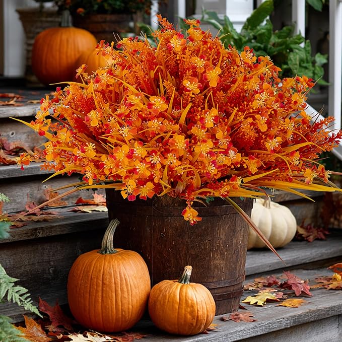 Artificial Fall Flowers Outdoor Fake Mums - 16 Bundles Fake Plants UV Resistant No Fade Faux Plastic Greenery Garden Porch Patio Fall Home Decor (1, OrangeYellow)