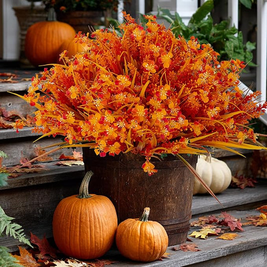 Artificial Fall Flowers Outdoor Fake Mums - 16 Bundles Fake Plants UV Resistant No Fade Faux Plastic Greenery Garden Porch Patio Fall Home Decor (1, OrangeYellow)