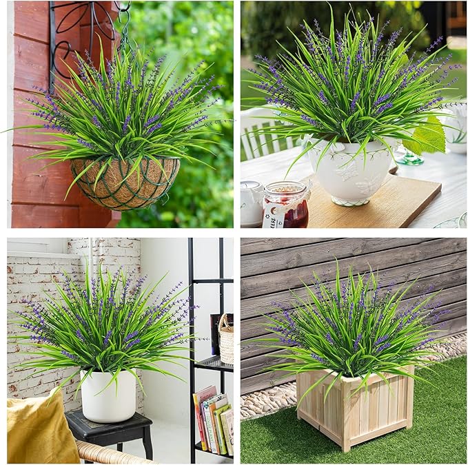 36 Pcs Artificial Flowers for Outdoors, UV Resistant Fake Outdoor Plants Faux Plastic Monkey Greenery Grass for Outside Front Porch Garden Window Box Home Office Planters Desk Decor (Purple)
