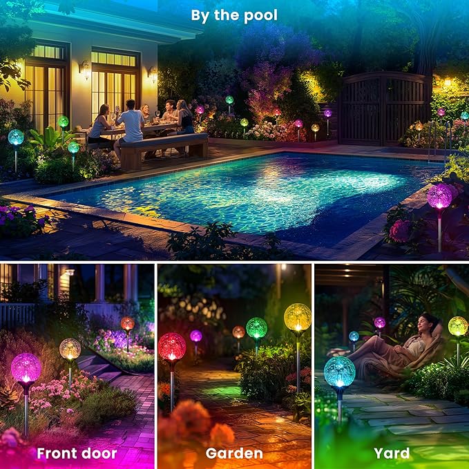 Gigalumi Solar Garden Lights 6 Pack, Solar Globe Lights Outdoor Waterproof, Solar Lights Outdoor Decorative for Yard, Multi-Colored Changing Garden Globes Cracked Glass Ball with LED Lights