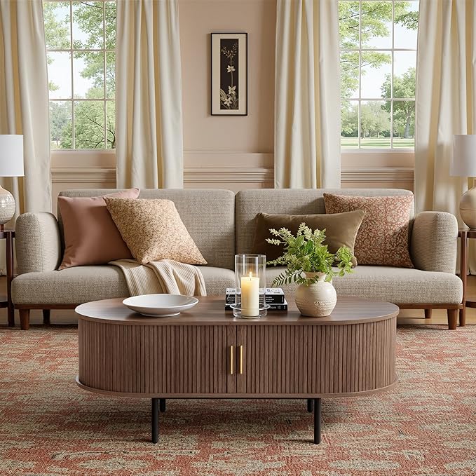 Mid Century Modern Coffee Table, 47.2" Oval Fluted Coffee Table with Storage and Sliding Doors, Minimalist Tea Table with Wood Grain Veneer, Retro Center Tables for Living Room, Walnut