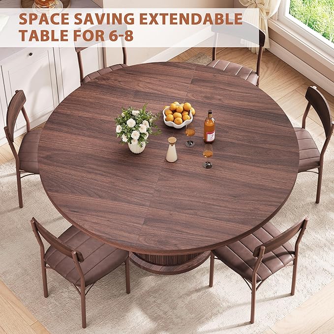 Extendable Round Kitchen Dining Room Table for 4-6 with 2-Tier Storage Shelf, 63'' Space Saving Expandable Wood Oval Circle Dinner Furniture with Pedestal Base (Brown)