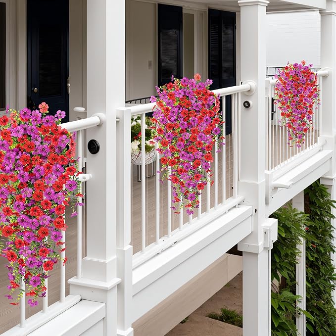 Artificial Hanging Flowers for Outdoors Faux Plants Decoration, 2 Packs Fake Silk Daisy Flower Realistic Outdoor Flowers UV Resistant Porch Patio Window Yard Outside Decor(Red Purple)