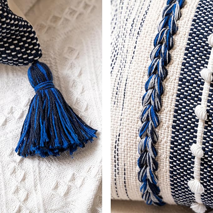 BlissBlush Navy Dark Blue Boho Decorative Lumbar Pillow Cover 14x36, Long Body Pillow for Bed, Accent Lumbar Throw Pillow for Couch, Modern Farmhouse Textured Pillowcase