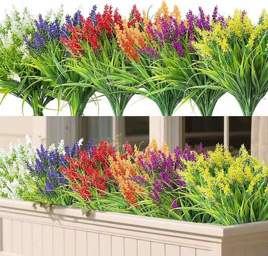 Realistic Artificial Flowers and Plants for Outdoors-24 Bundles Bulk Plastic Flowers, Colorful Faux Lavender Monkey Grass,UV Resistant Fake Plants for Outside,Porch,Window Box,Summer Decor(Mixed)
