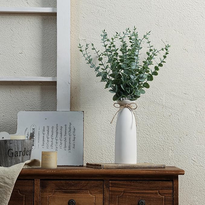 Vase with Greenery, 20pcs Artificial EucalyptusStems in White Vase, Boho Home Decor Plant, 19" Decorative Fake Plants for Home Farmhouse Mantle Centerpiece Decor