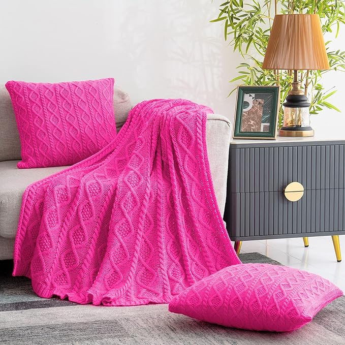 Homiest Hot Pink Cable Knit Throw Blanket Set of 3, 50"x60" Blanket & 2x18"x18" Pillow Covers, Soft & Cozy Acrylic Blanket for Couch, Bed, Sofa