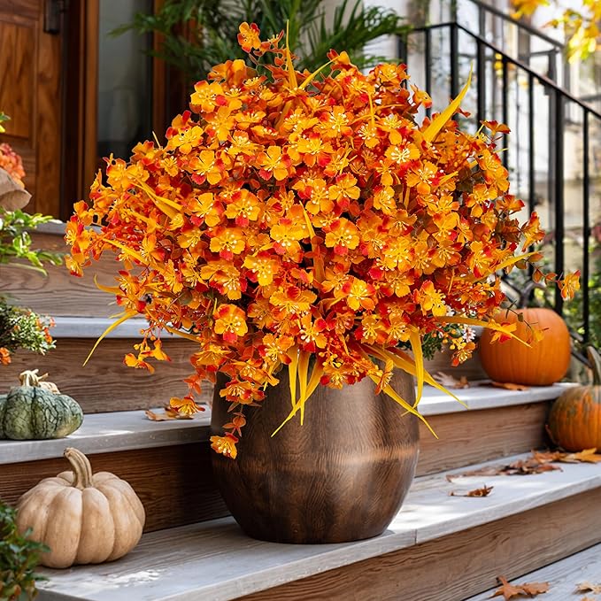 Artificial Mums for Outdoor Fall Flowers - Fake Plants UV Resistant No Fade Faux Plastic Home Decor Garden Porch Patio (1, OrangeMixed)