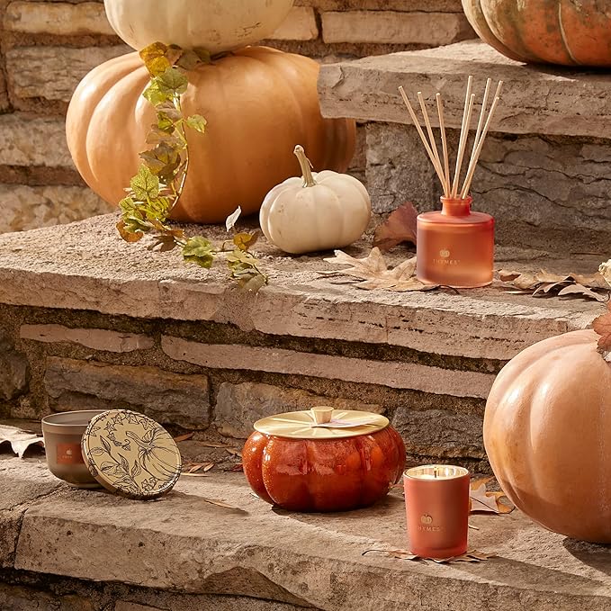 Thymes Petite Oil Reed Diffuser Set – Includes Reed Diffuser Sticks, Fragrance Oil, & Glass Bottle – Luxury Home Decor – Fall Decor – Fall Scents – Burnt Orange (Pumpkin Laurel, 4 fl oz)