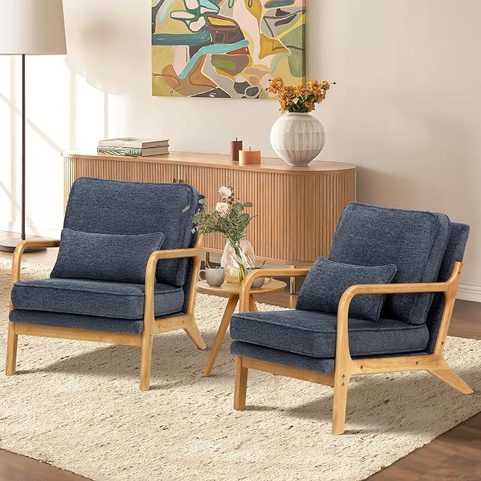 Modern Accent Chair Set of 2 with Lumbar Pillow, Relaxing Mid Century Chair Armchair with Solid Wood Frame & Soft Cushion, Reading Leisure Armchair for Living Room, Blue
