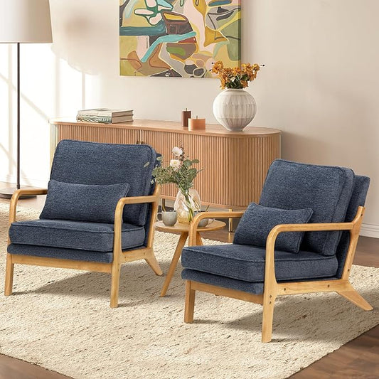 Modern Accent Chair Set of 2 with Lumbar Pillow, Relaxing Mid Century Chair Armchair with Solid Wood Frame & Soft Cushion, Reading Leisure Armchair for Living Room, Blue