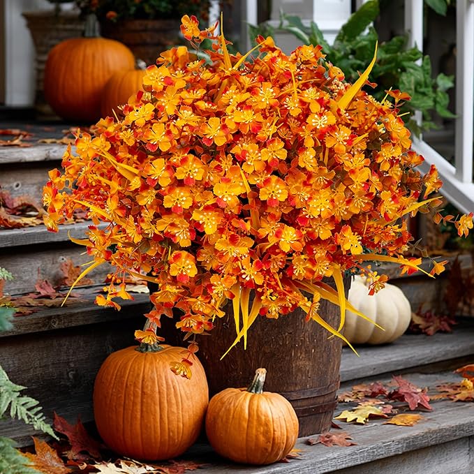 Artificial Mums for Outdoor Fall Flowers - Fake Plants UV Resistant No Fade Faux Plastic Home Decor Garden Porch Patio (1, OrangeMixed)