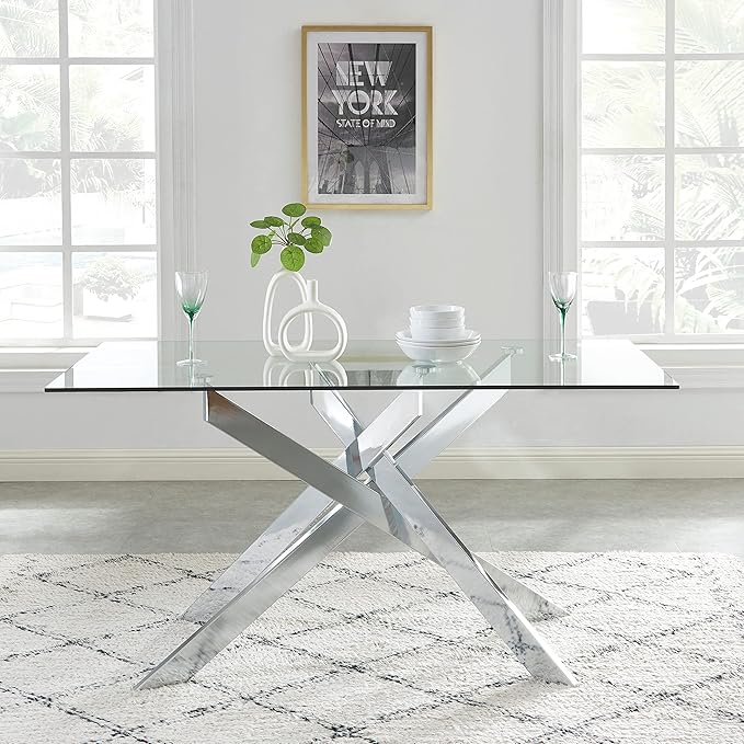 Edwin's Choice 58.5” Rectangle Glass Dining Table, Tempered Glass Tabletop and Metal Tubular Legs, Modern Style Table for Home, Kitchen, Dining Room 58.5”Lx29”Wx30”H, Silver