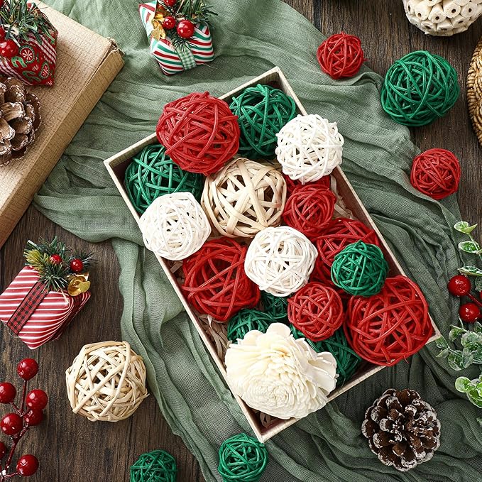 Riceshoot 2 Pack Decorative Balls Potpourri Bowl Filler Decor Natural Vase Bowl Filler Assorted Spherical Rattan Twigs Wicker Balls Cotton for Home Centerpiece(Red, Green, White)