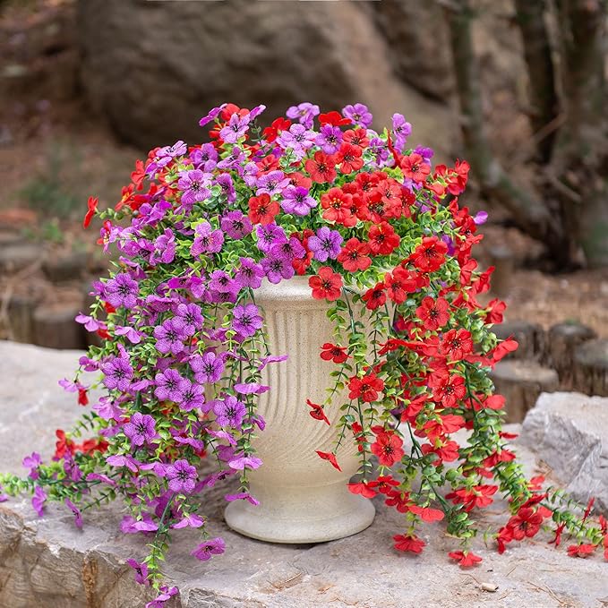 Artificial Hanging Flowers for Outdoors Faux Plants Decoration, 2 Packs Fake Silk Daisy Flower Realistic Outdoor Flowers UV Resistant Porch Patio Window Yard Outside Decor(Purple)