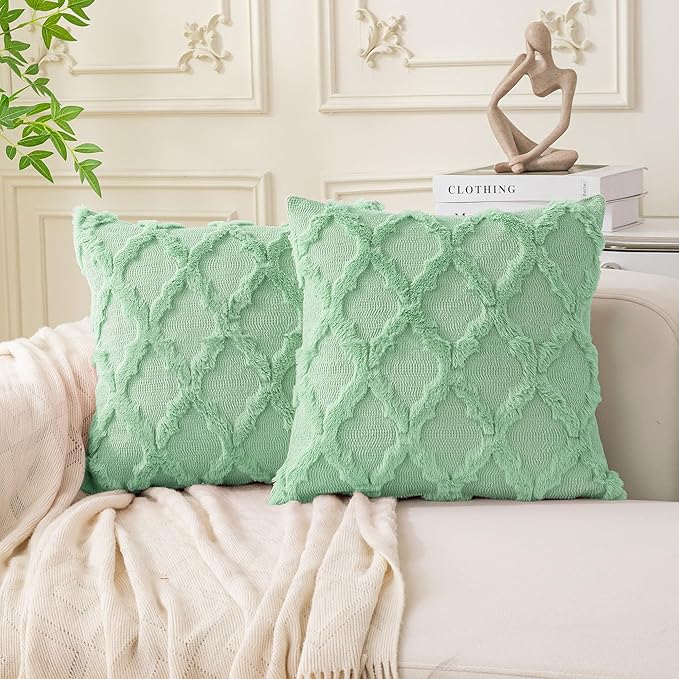 Set of 2 Soft Moroccan Throw Pillow Covers 18x18 Inch Plush Boho Decorative Pillow Cover Accent Cushion Case for Couch Sofa Bed, Sage Green