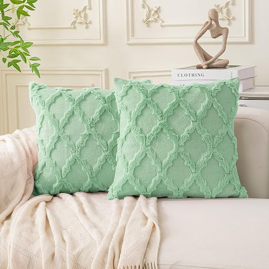 Set of 2 Soft Moroccan Throw Pillow Covers 20x20 Inch Plush Boho Decorative Pillow Cover Accent Cushion Case for Couch Sofa Bed, Sage Green