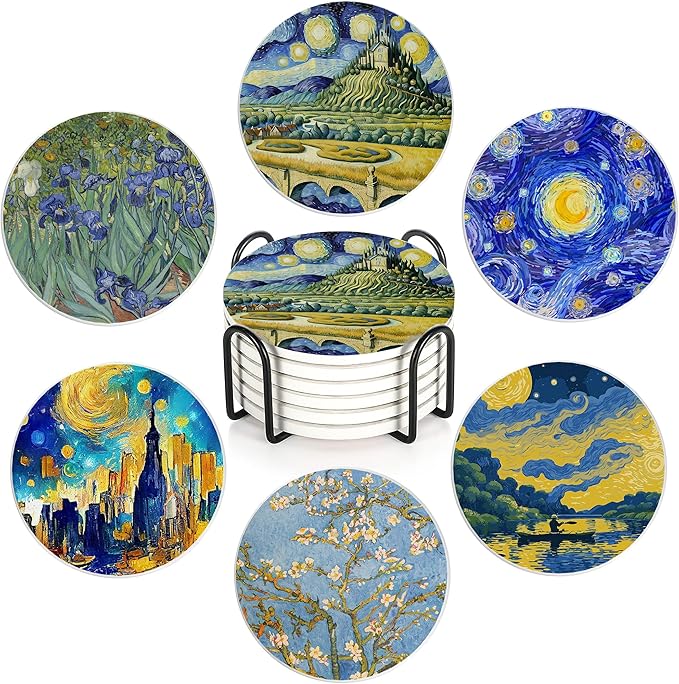 Drink Coasters Set of 6 with Holder, Van Gogh Style Absorbent Ceramic Coasters with Cork Base,Fit All Cups,Great Gift for Housewarming,Room Decor,Bar,Holiday Party