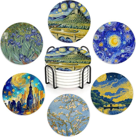 Drink Coasters Set of 6 with Holder, Van Gogh Style Absorbent Ceramic Coasters with Cork Base,Fit All Cups,Great Gift for Housewarming,Room Decor,Bar,Holiday Party